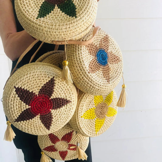 Carmel Crochet Round Flower Straw Crossbody