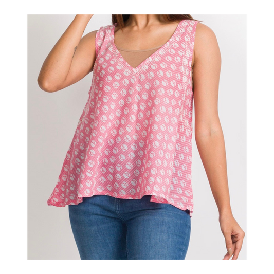 kantha sleeveless top salmon color with  white design