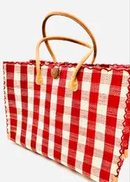 Large Red Gingham Straw Beach Bag